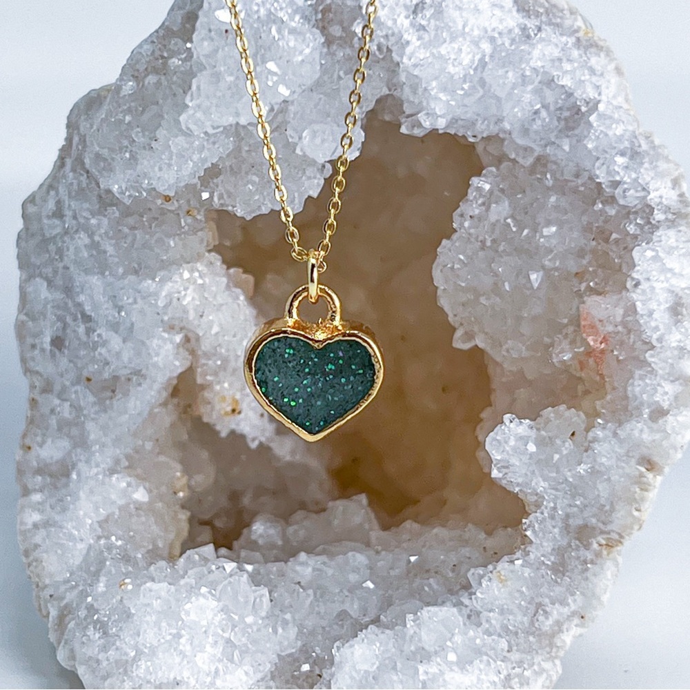 320 24k Gold Emerald Green Blue Glitter Resin Heart Handmade Pendant Necklace 13$